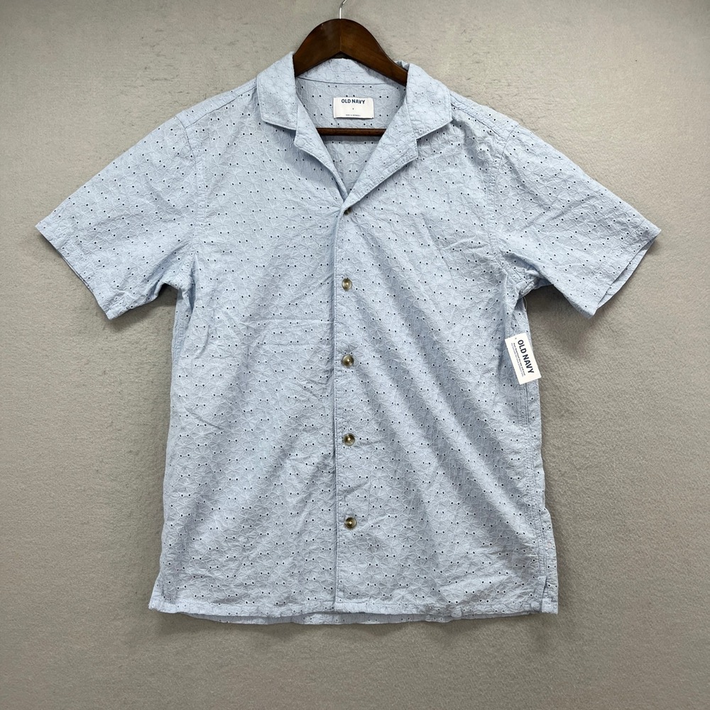Old Navy Button Up Shirt Mens S Light Blue Eyelet Embroidered Resort Camp Collar